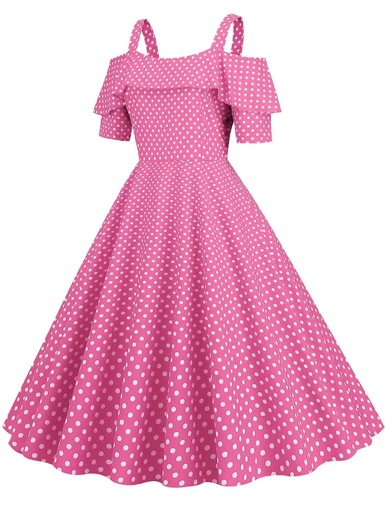 Off the Shoulder Elegant Vintage Party Dress Women Summer Polka Dot Ruffles A Line Midi Dresses Badiee Stylez