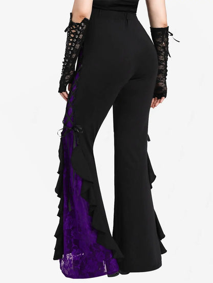 ROSEGAL Plus Size Gothic Lace Panel Lace-up Ruffle Flare Pant Women Streetwear Elastic Waist Pull On Pant Colorblock Bell Bottom