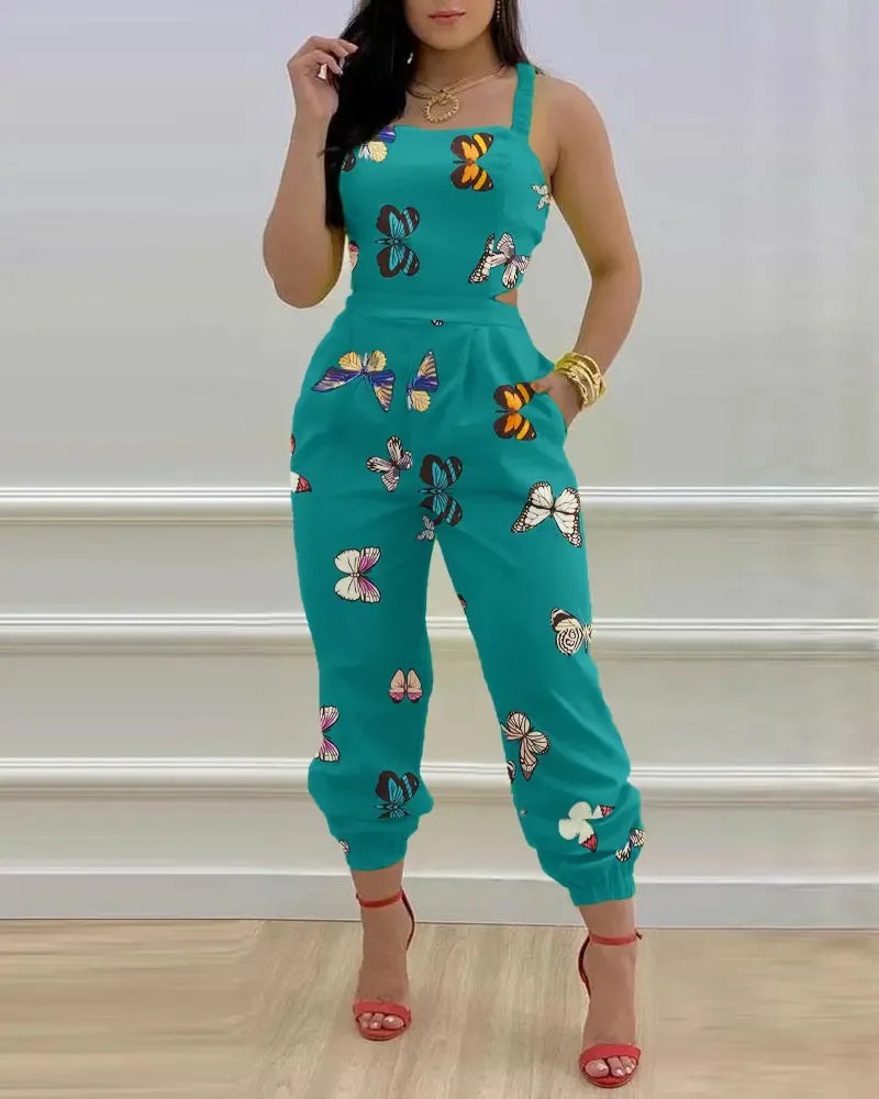 Elegant Women's jumpsuit 2024 Summer Fashion Strap Hollow Sexy Off waist Printed jumpsuit Blue