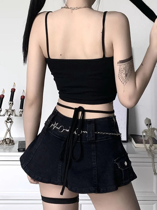 Gothic Women's Print Suspender Sleeveless Square Neck Slim Crop Top Sexy Halter Bottoming Shirt Girls Party Wear