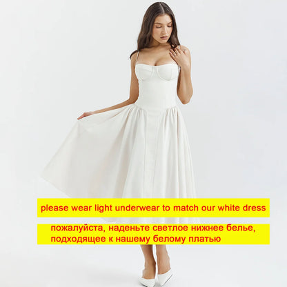 Suninheart Summer Elegant Midi Spaghetti Strap Dresses Slim V Neck A Line Party Dress Khaki Casual Dress Women's Clothing ivory white