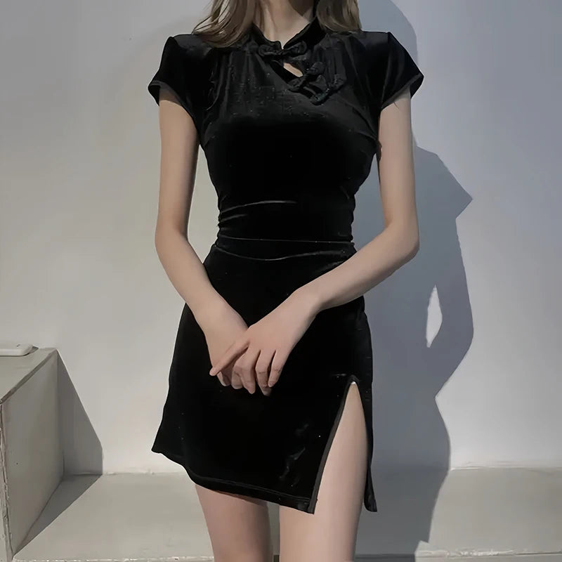 Women Dress Y2K Cheongsam Velvet Elegant Black Sexy Short Sleeve Button Casual Shopping Photo Chinese Dress Tight Fashion Summer Badiee Stylez