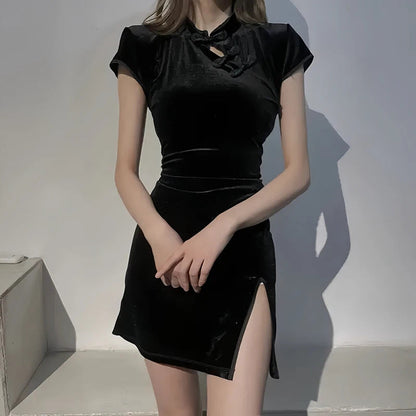 Women Dress Y2K Cheongsam Velvet Elegant Black Sexy Short Sleeve Button Casual Shopping Photo Chinese Dress Tight Fashion Summer Badiee Stylez