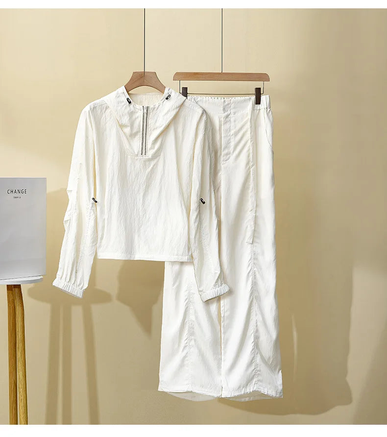 Women's Spring Summer New Hooded suit Casual Sports Fashion Chain Cardigan with Trousers Two-piece Set Badiee Stylez