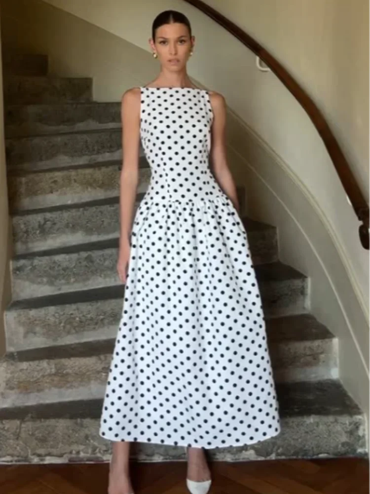 Fashion Polka Solid Slim Vestido Lady Elegant Chic Sleeveless Off Shoulder Pleat Square Neck Maxi Dress Summer Dinner Party Wear