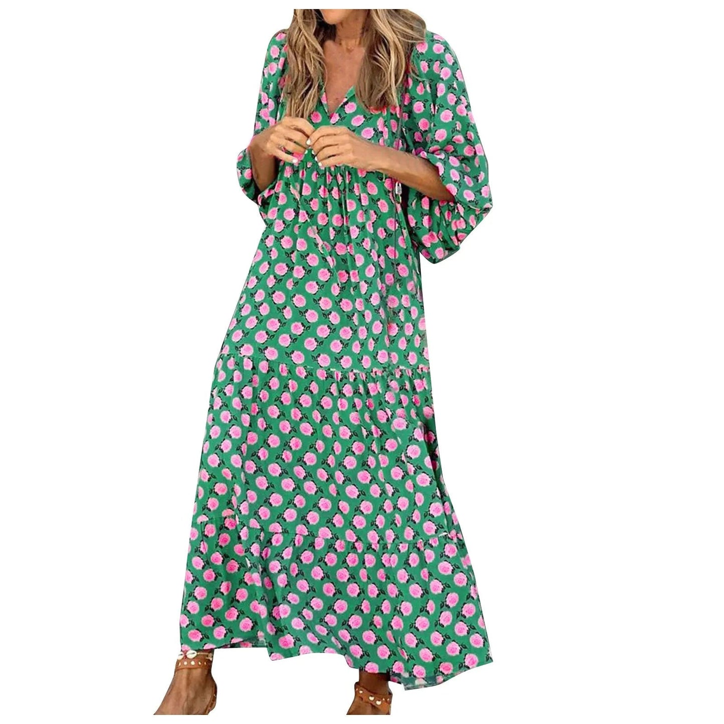 Puff Sleeve Boho Maxi Dress Elegant Women Summer 2022 Casual Floral Drawstring V-Neck Loose Holiday Beach Dresses Party Vestidos Badiee Stylez