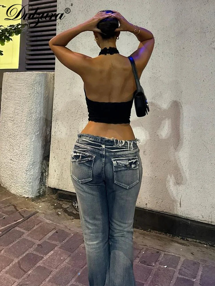 Dulzura Halter Sleeveless Crop Top Vest 2024 Summer Women Lace Patchwork Sexy Rhinestones Y2K Vintage Elegant Club