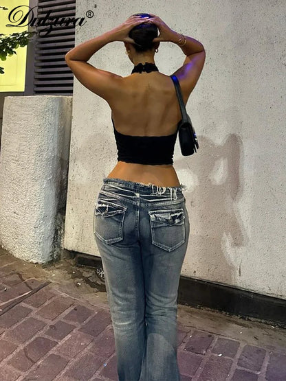 Dulzura Halter Sleeveless Crop Top Vest 2024 Summer Women Lace Patchwork Sexy Rhinestones Y2K Vintage Elegant Club