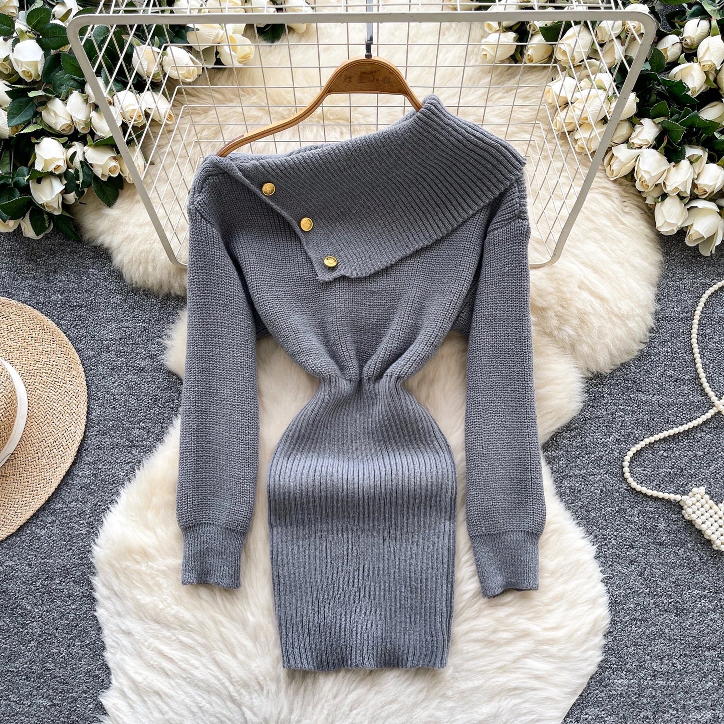 SINGREINY Autumn Knitwear Bodycon Dress Diagonal Collar High Elastic Slim Fit Design Female Light Luxury Solid Sweater Dress