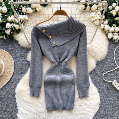 SINGREINY Autumn Knitwear Bodycon Dress Diagonal Collar High Elastic Slim Fit Design Female Light Luxury Solid Sweater Dress