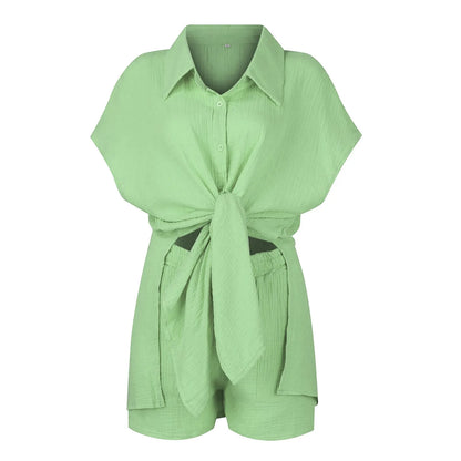Summer cotton and linen solid color shirt short sleeved casual shorts set Light Green