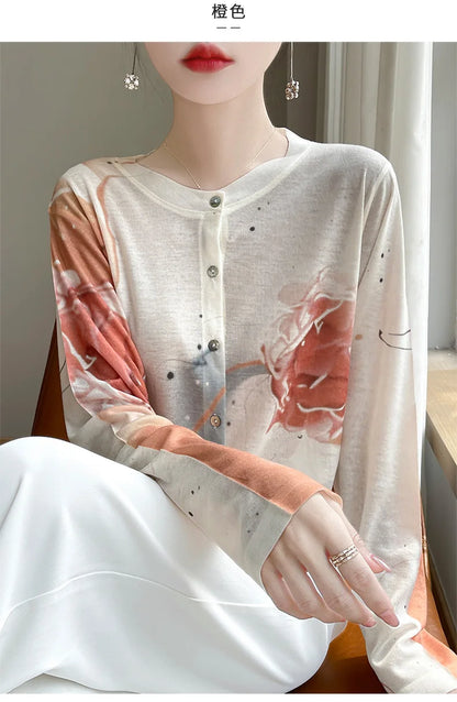Spring And Summer New Lyocell Water-Soluble Wool Blended Round Neck Knit Cardigan Long Sleeve Feminine Sweater Printed Top