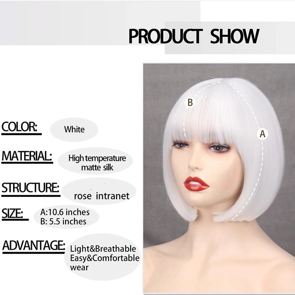 HAIRJOY Women Short Straight White Bob Wig with Bangs Synthetic Hair for Daily Party Cosplay Halloween