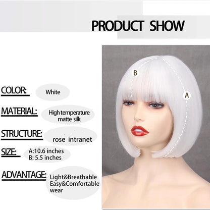 HAIRJOY Women Short Straight White Bob Wig with Bangs Synthetic Hair for Daily Party Cosplay Halloween