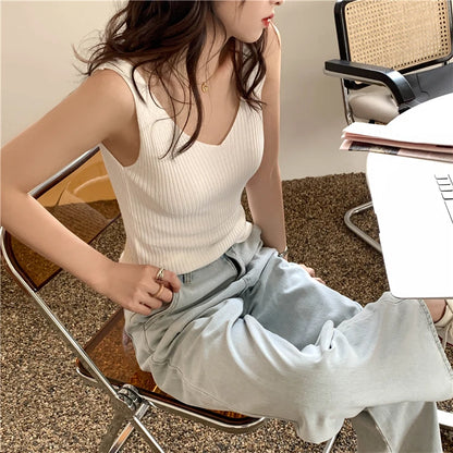 Solid Color Basic Women's Vest Tank Top Solid Color Knitted Tees Top Cropped Top Camisole Sweater V-neck Summer Sleeveless