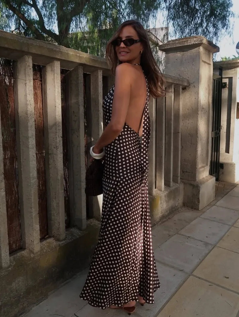 Trendix Polka Dot Print Backless Dress Women Summer Sexy Deep V Neck Sleeveless Off Shoulder Maxi Dresses Elegant Evneing Dress