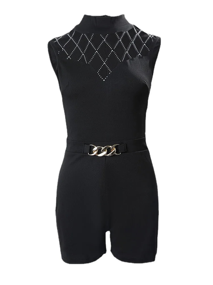Women Jumpsuit Fashion Rhinestone Elegant Plain Decor Halter Sleeveless High Street Party Romper Formal Jumpsuit
