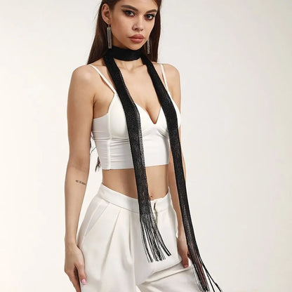 Fashion Lace Tassel Scarf Thin Long Glitter Bright Silk Sunscreen Shawl Shiny Lace Necklace For Women Party Evening Dress Scarf Black