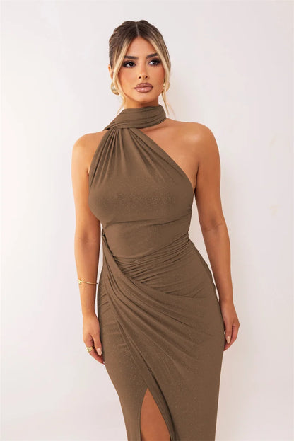 Mozision Halter Off-shoulder Sexy Maxi Dress Women Fashion Sleeveless Backless Ruched Split Club Party Bodycon Long Dresses