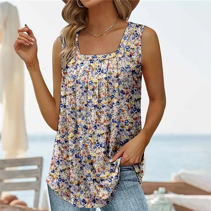 Plus Size Women's Bohemian Vest, Flower Print Sleeveless Square Neck Camisole, Suitable for Date Women's Summer Top