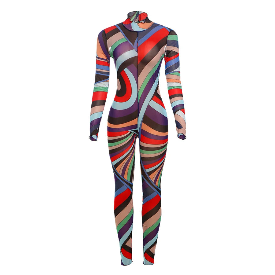 Weird Puss Sexy Colorful Print Jumpsuit Women Zip Y2K Full Sleeve O-Neck Turtleneck Autumn Trend Skinny Stretch Workout Overalls Badiee Stylez