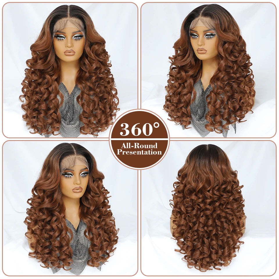 Latisha 13X6 HD Synthetic Lace Front Wigs Curly Pre Plucked Lace Frontal Wig with Bangs for Women Highlight with Babyhair 24Inch Badiee Stylez