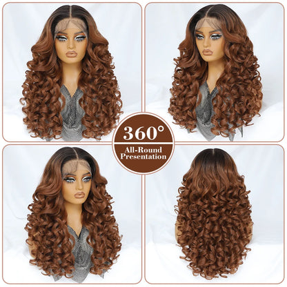 Latisha 13X6 HD Synthetic Lace Front Wigs Curly Pre Plucked Lace Frontal Wig with Bangs for Women Highlight with Babyhair 24Inch Badiee Stylez