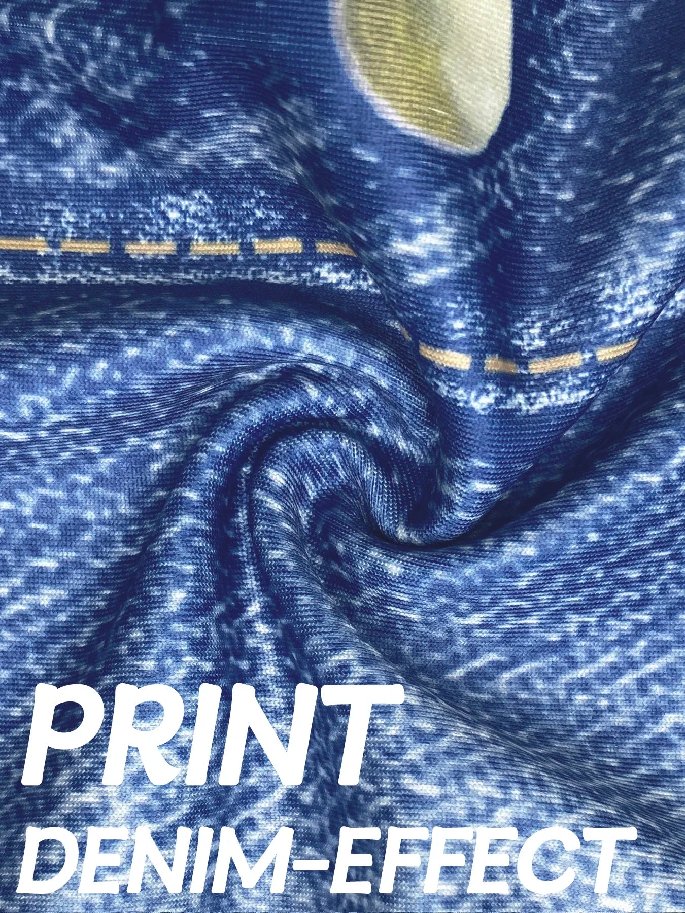 Plus Size Women's Denim Print Quarter Leggings Stylish Casual Knit Stretchy Skinny Shorts with Side Button Detail Pattern Pants