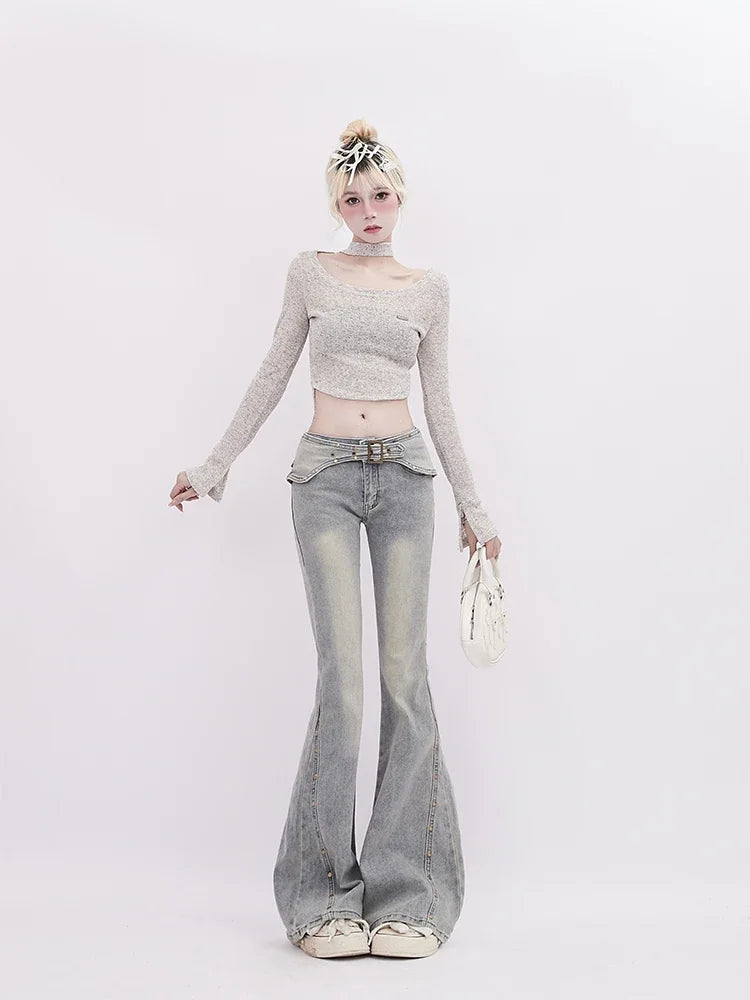 Korean Light Blue Flare Jeans Women Y2k Low Rise Vintage Denim Trousers Fashion Skinny Classic Aesthetic Harajuku Pants
