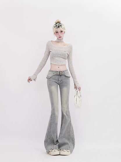 Korean Light Blue Flare Jeans Women Y2k Low Rise Vintage Denim Trousers Fashion Skinny Classic Aesthetic Harajuku Pants
