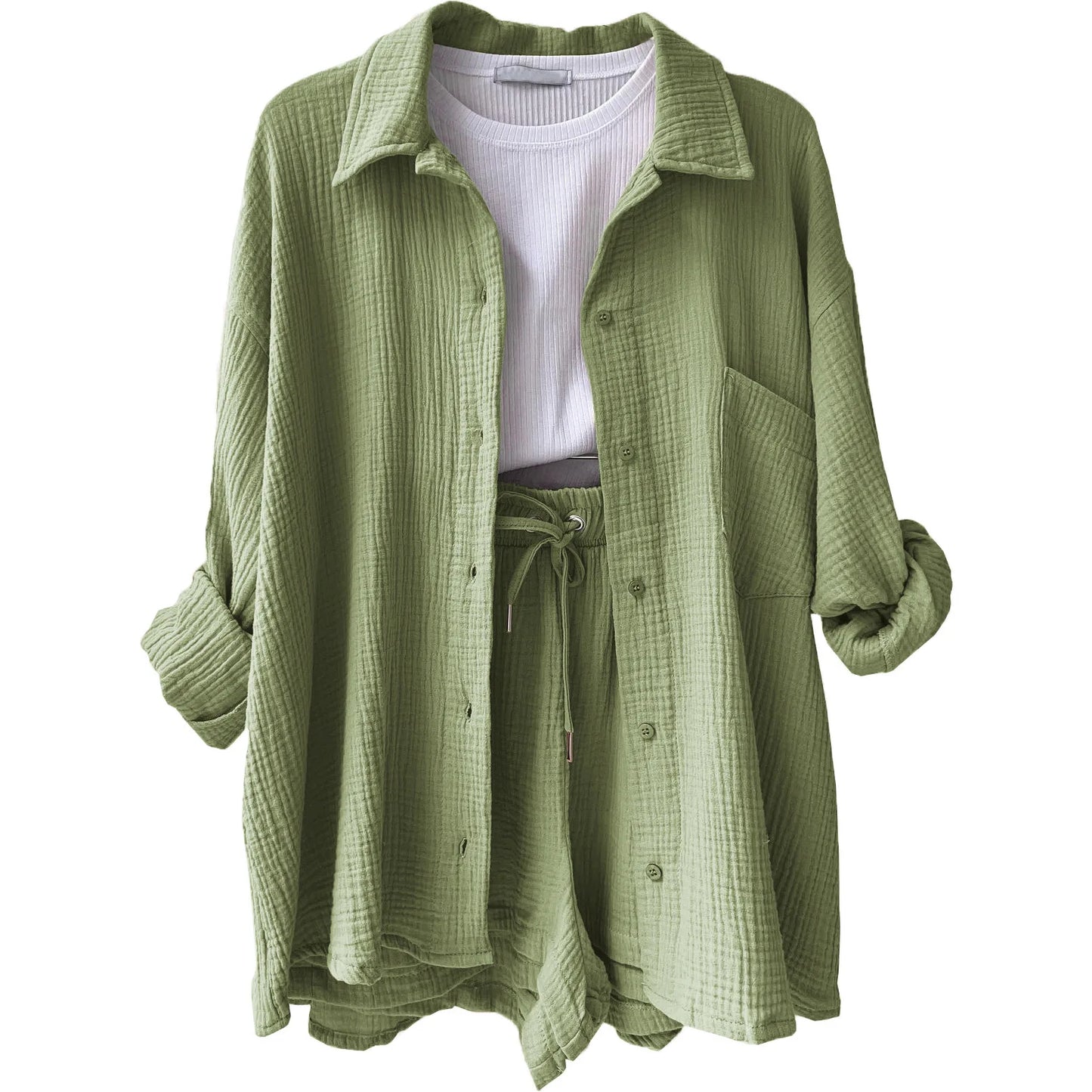 Short Sets Women Tracksuit Single Breasted Cardigan Blouses Two Pieces Shorts Loose Button High Street Solid Pockets Folds Light Green