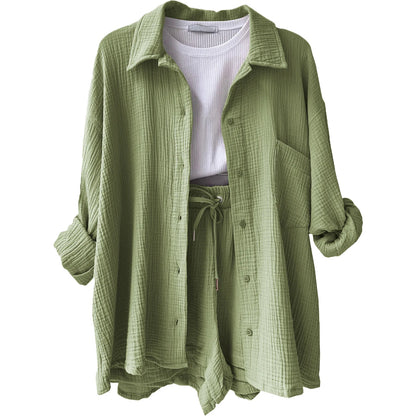 Short Sets Women Tracksuit Single Breasted Cardigan Blouses Two Pieces Shorts Loose Button High Street Solid Pockets Folds Light Green