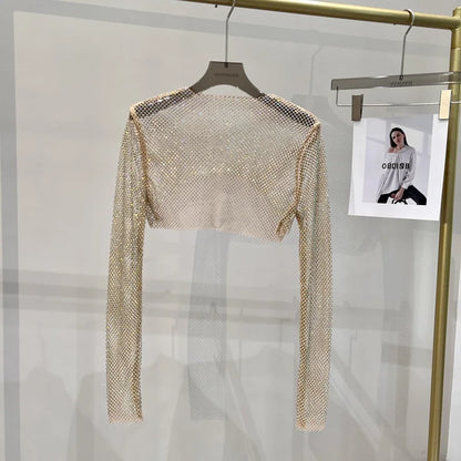 2023 new sexy bright diamond short top Slim thin Ms. hot drill long-sleeved T-shirt sexy leak waist nightclub Khaki One Size