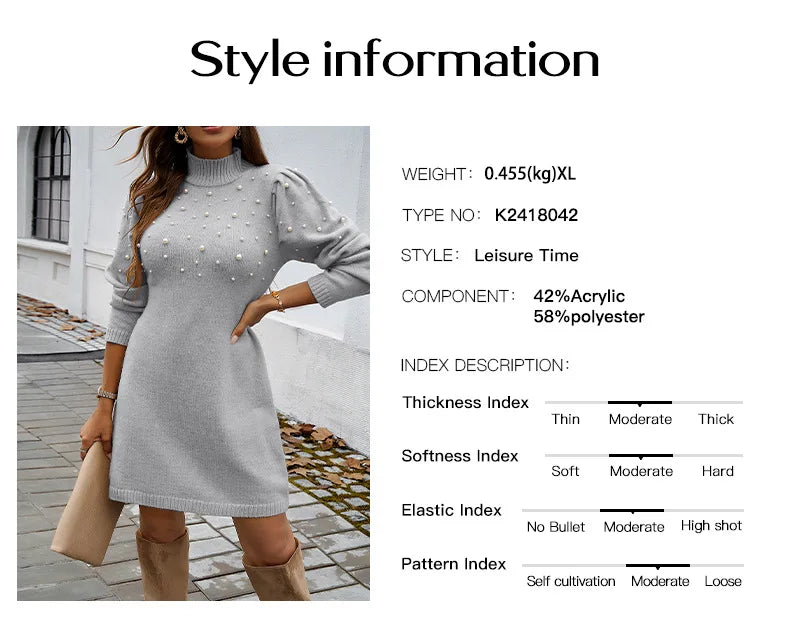 2025 Autumn Women Sweater Dresses Pearls Round Neck Long Sleeve Hip Wrap Dress Winter Elegant Ladies Casual Solid Slim Fit Dress