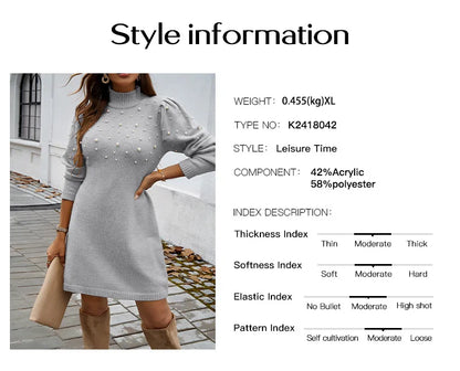 2025 Autumn Women Sweater Dresses Pearls Round Neck Long Sleeve Hip Wrap Dress Winter Elegant Ladies Casual Solid Slim Fit Dress