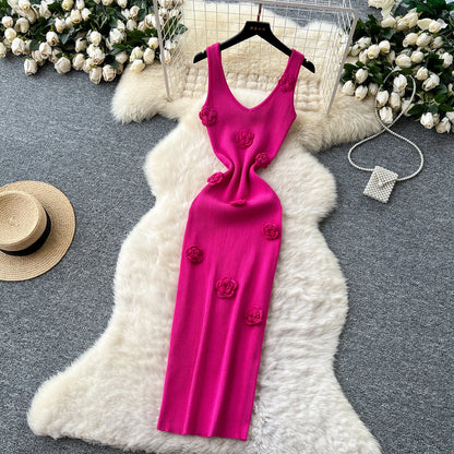 SINGREINY Knitted 3D Flower Chic Dress Sleeveless Slim Solid Elastic Sundress Women Summer Casual Fashion Bodycon Long Dresses