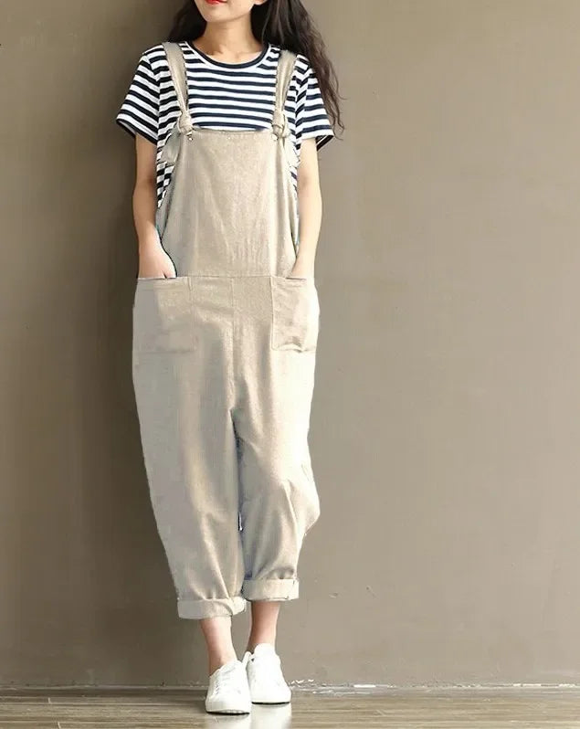 Women's Solid Color Simple Suspender Jumpsuit Sanded Cotton Pocket Loose Suspender Casual Pants Daily Commuter Wear S-3XL Badiee Stylez