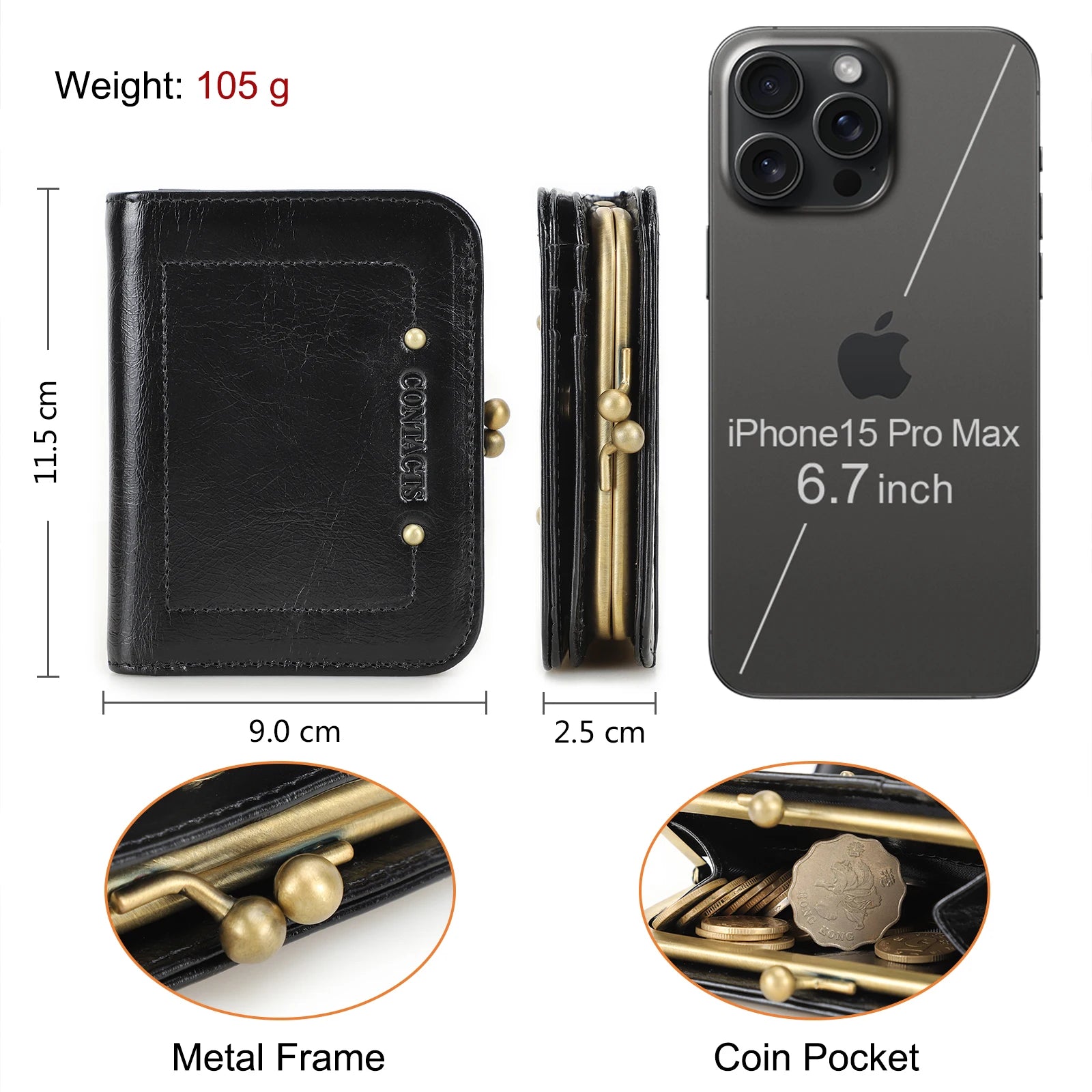CONTACT'S Genuine Leather Short Wallets for Women Kiss Lock Classic Wallet Metal Frame Coin Purses Card Holder Money Clip Bags