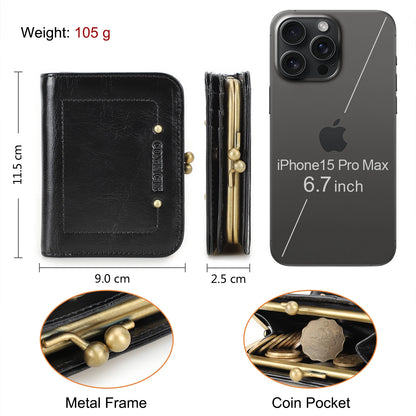 CONTACT'S Genuine Leather Short Wallets for Women Kiss Lock Classic Wallet Metal Frame Coin Purses Card Holder Money Clip Bags