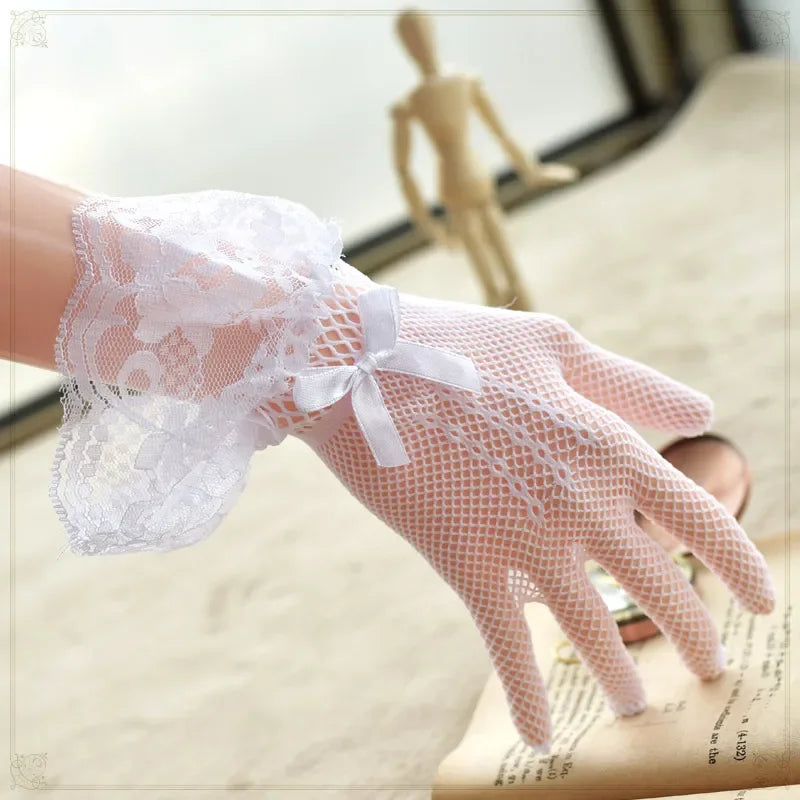 Girls Lolita Lace Hollow Out Gloves Women Ceremony Etiquette Mesh Thin Mittens Gothic Punk Sexy Glove Black White Soft Elastic