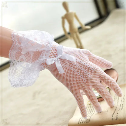 Girls Lolita Lace Hollow Out Gloves Women Ceremony Etiquette Mesh Thin Mittens Gothic Punk Sexy Glove Black White Soft Elastic