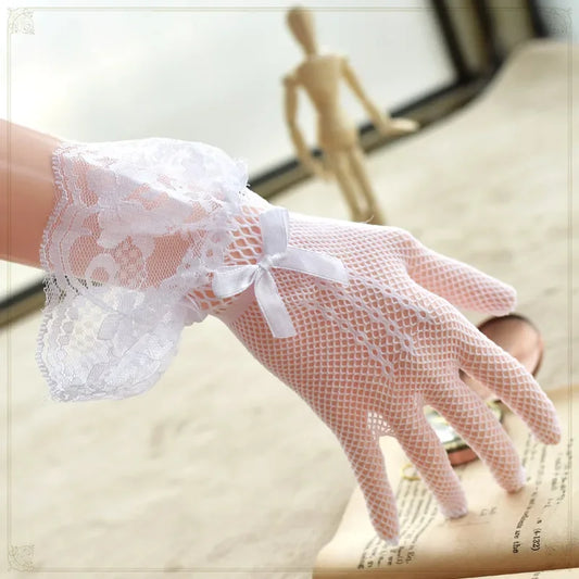 Girls Lolita Lace Hollow Out Gloves Women Ceremony Etiquette Mesh Thin Mittens Gothic Punk Sexy Glove Black White Soft Elastic