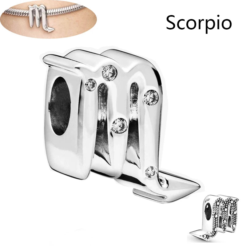Authentic 925 Sterling Silver Sparkling Aries Leo Scorpio 12 Zodiac Signs Constellation Charm Beads Fit Pantaro Bracelet Jewelry H153