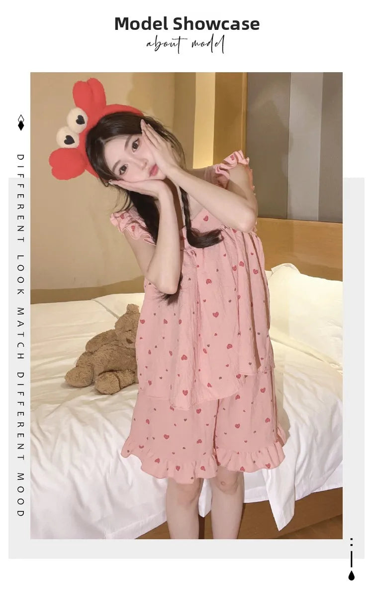 Summer Spwear Women's 2025 New Japanese Sle Fre Vest orts Woven Cotton Thin Home Clothes Set Sweet Print ort Pants