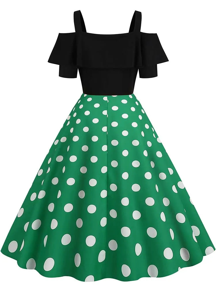 Off the Shoulder Elegant Vintage Party Dress Women Summer Polka Dot Ruffles A Line Midi Dresses Badiee Stylez