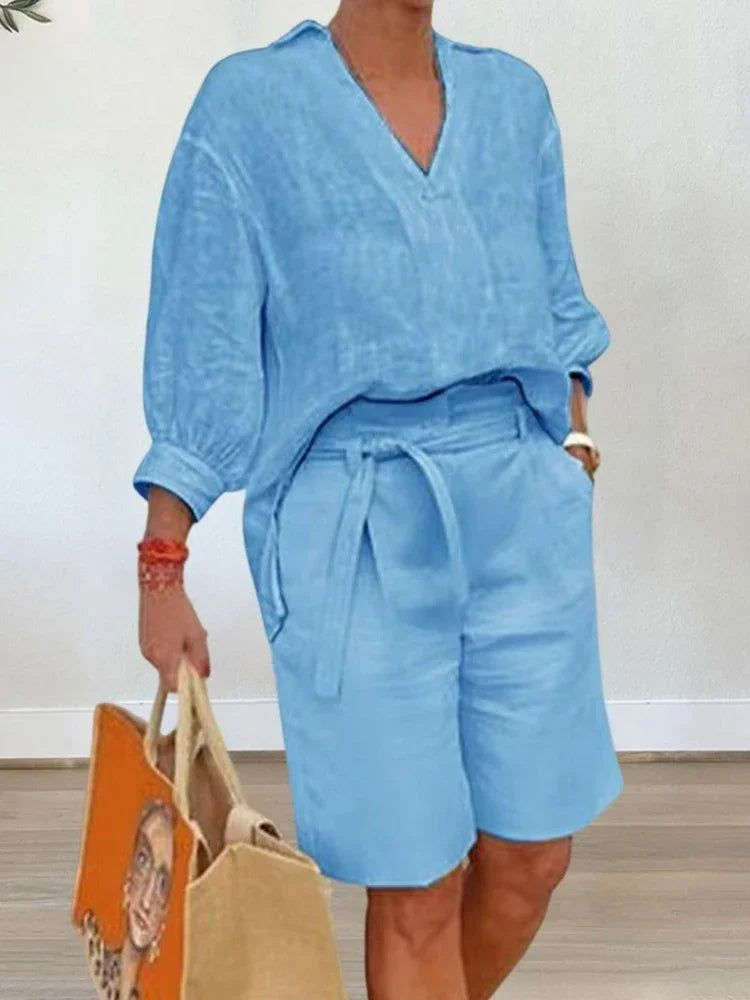 2024 Summer Fashion New Matching Collection Loose and Elegant V-neck Short Sleeve Cotton Linen Top Wide Leg Shorts Two Piece Set Blue