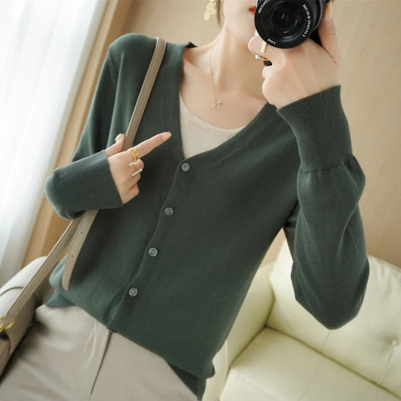 100% Cotton Line Long Sleeve V-Neck Knitted Cardigan Women Loose Short Solid Color Simple Sun Protection SMY K61