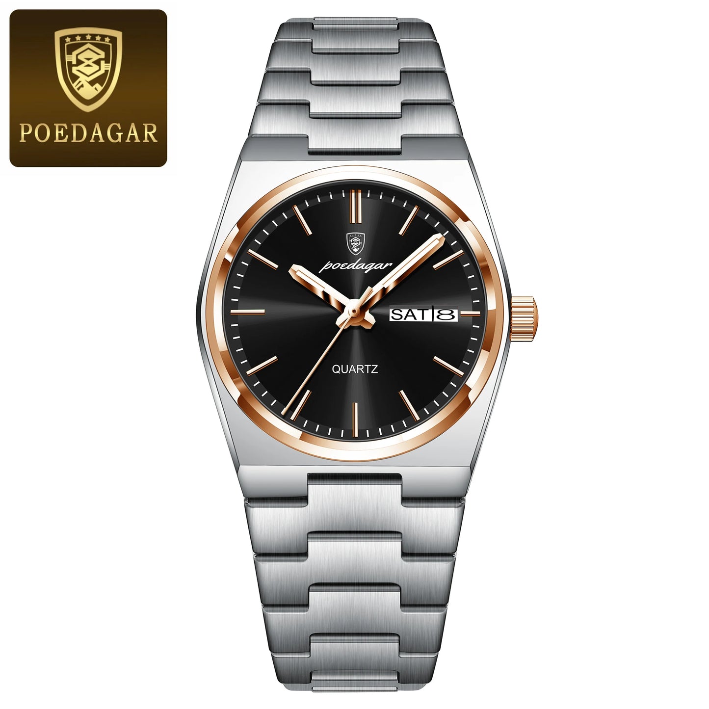 POEDAGAR Original New Woman Watch Stainless Steel Waterproof Luminous Ladies Wristwatch Date Week Elegant Quartz Women's Watches 786 Rose Gold Black