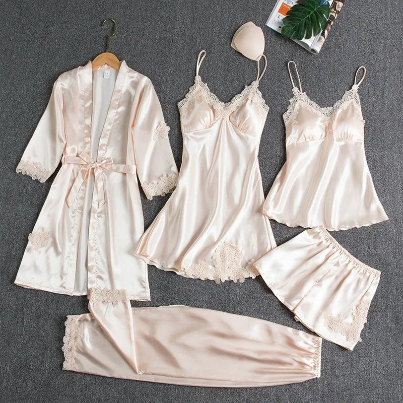 5PCS Women's Ice Silk Sexy Pajama Set Breathable Lace Satin Pajama Bathrobe Five Piece Set Casual Home Clothes Spring and Summer Champagne
