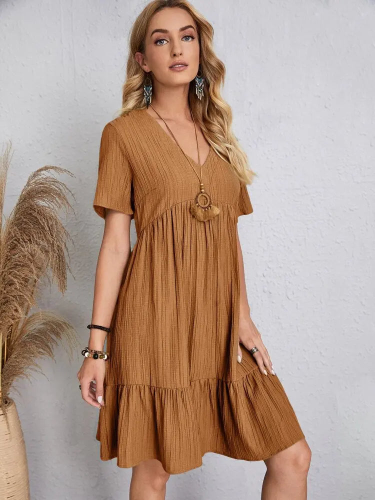 Women Elegant Short Sleeve V Neck Ruffles Dress Summer Casual Solid Loose Mini Dress Chic Bohemian Sundress Beach Party Vestidos Badiee Stylez